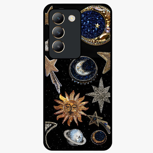 Celestial Gem Constellations Glass Case showing flat back view with sparkling constellation artwork and glossy glass finish.