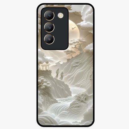 Celestial Origami Glass Case showing flat back view with artistic origami inspired celestial artwork and glossy glass finish.