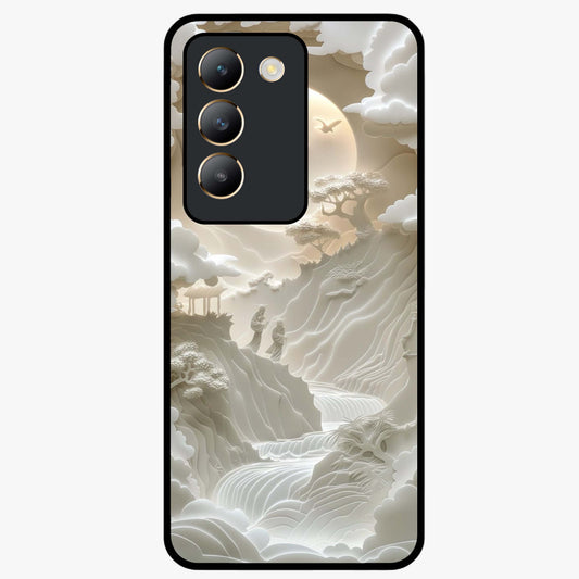 Celestial Origami Glass Case showing flat back view with artistic origami inspired celestial artwork and glossy glass finish.