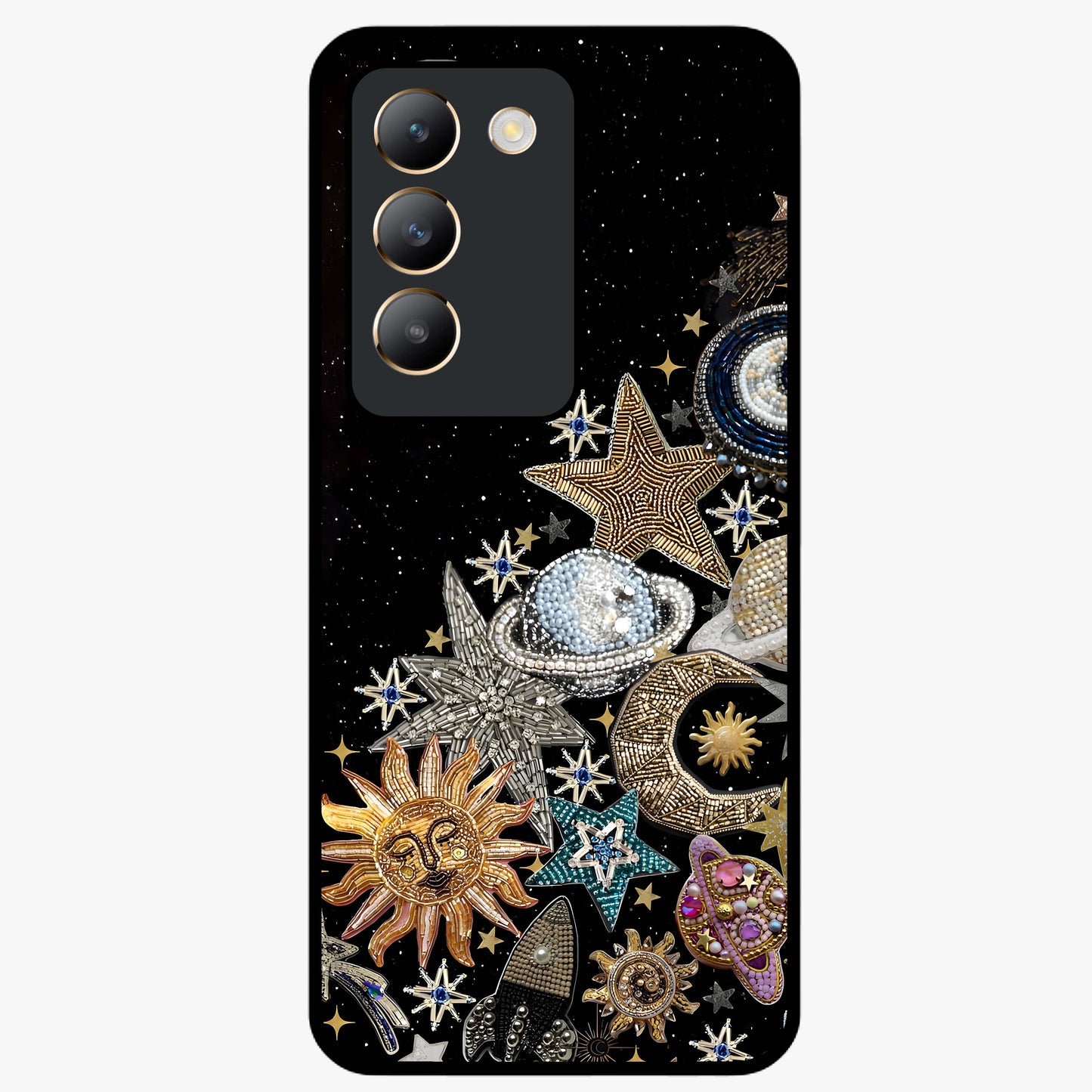 Cosmic Sparkle Dreams Glass Case showing flat back view with sparkling cosmic artwork and glossy glass finish.