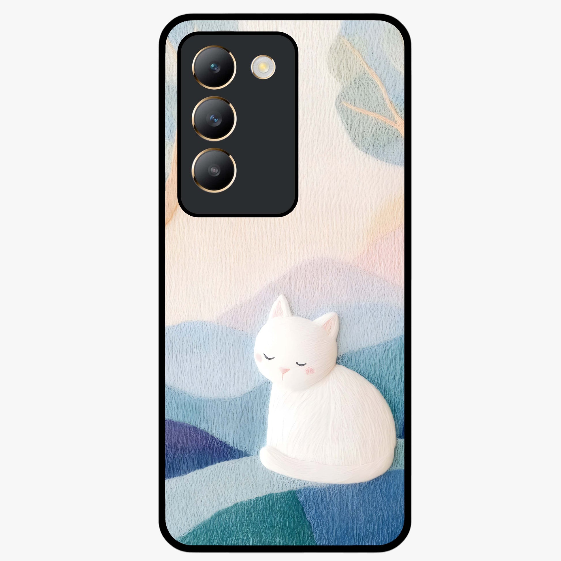 Cotton Dream Cat Glass Case showing flat back view with soft dreamy cat artwork and glossy glass finish.