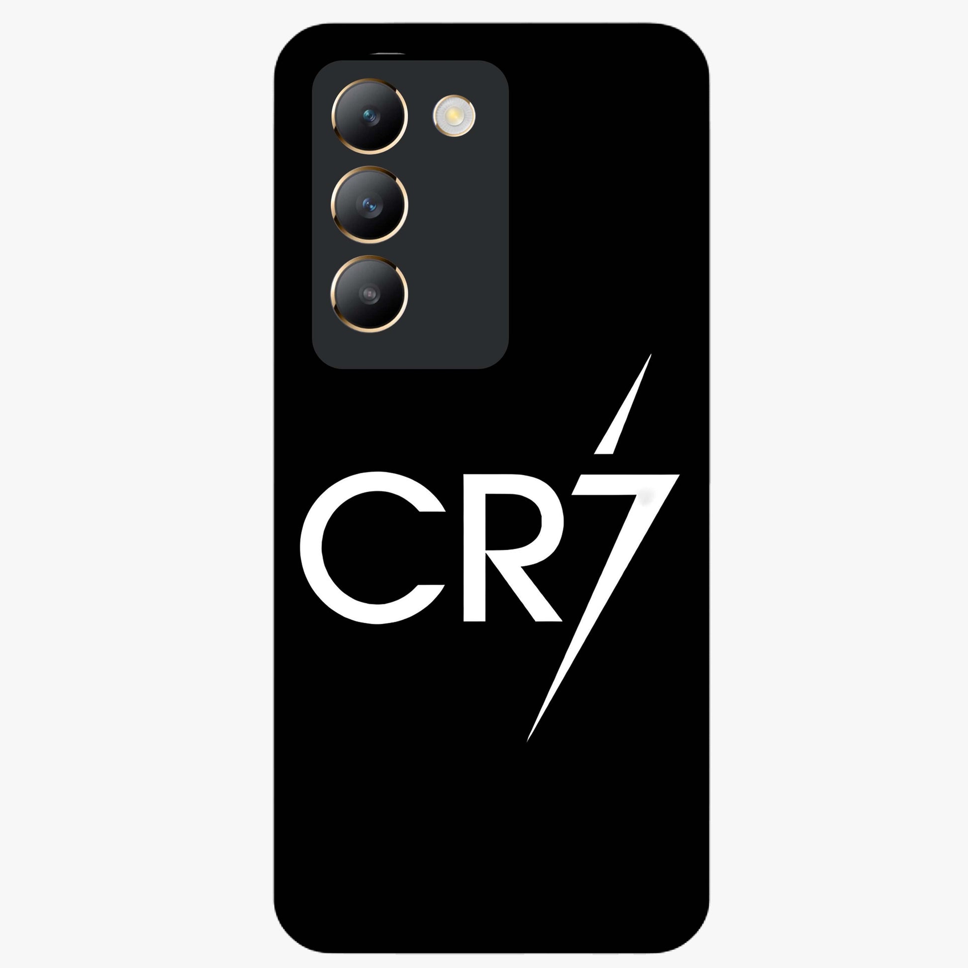 Cr7 Elite Strike Glass Case showing flat back view with dynamic football inspired artwork and glossy glass finish.