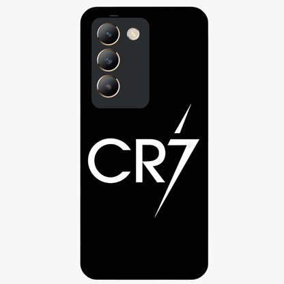 Cr7 Elite Strike Glass Case showing flat back view with dynamic football inspired artwork and glossy glass finish.