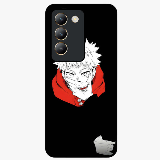 Crimson Chaos Smile Glass Case showing flat back view with bold chaotic smile artwork and glossy glass finish.