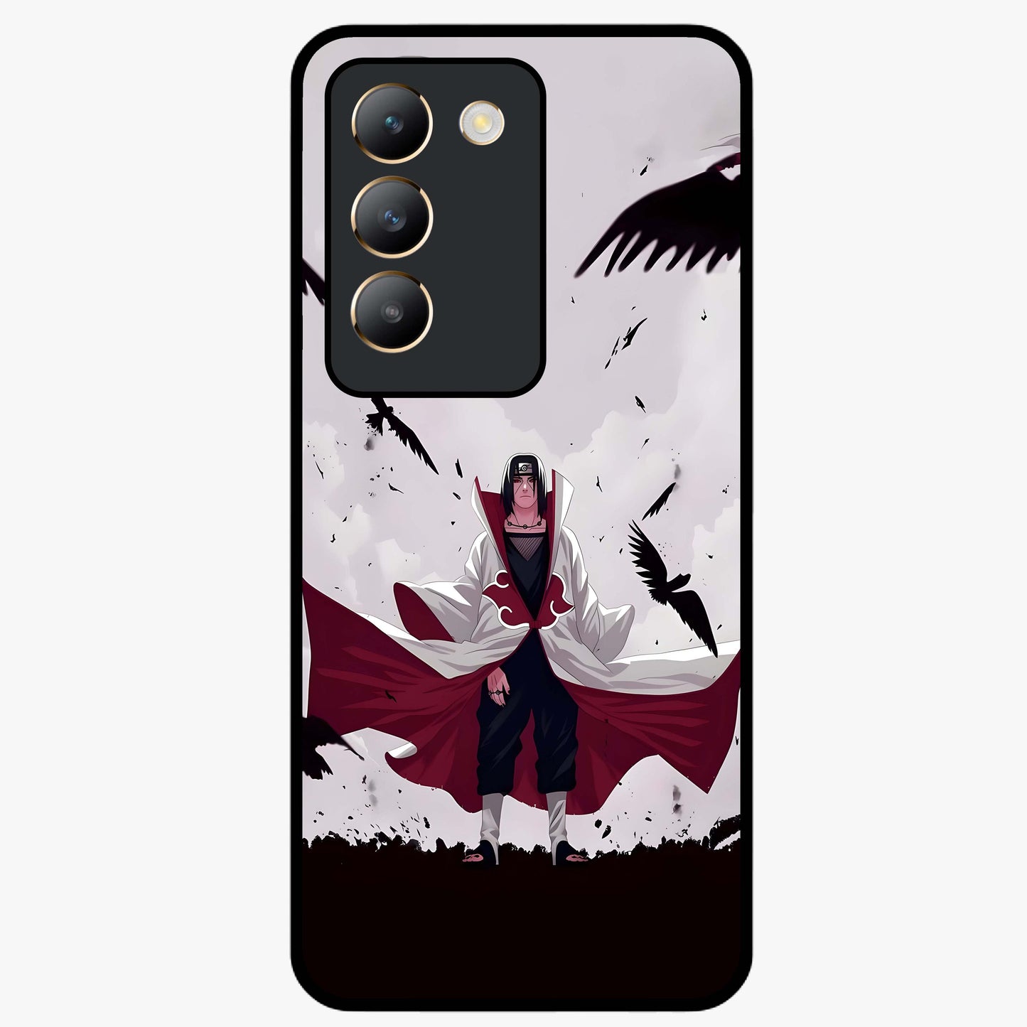 Crimson Crow Ascension Glass Case showing flat back view with mystical crow artwork and glossy glass finish.