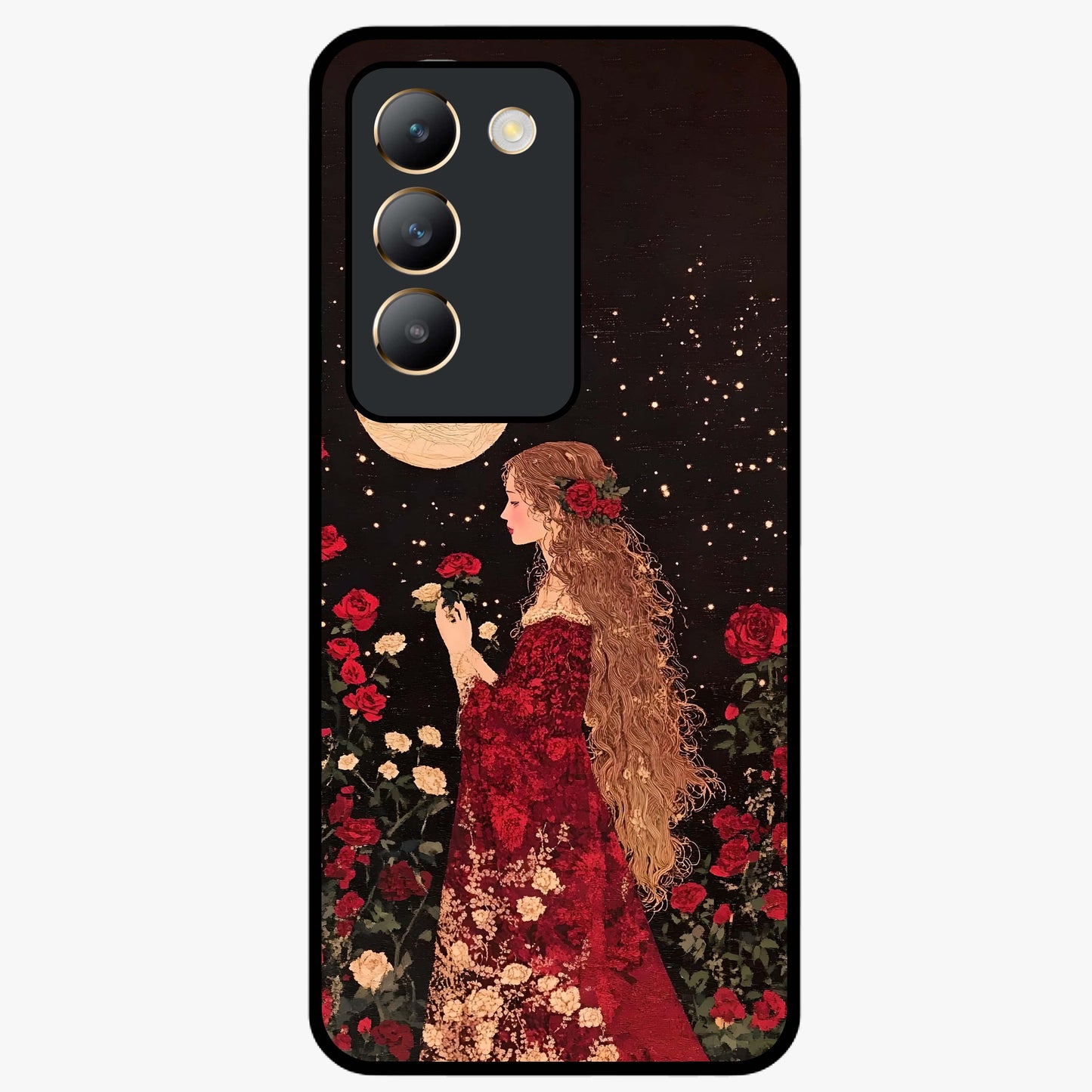 Crimson Dreams Glass Case showing flat back view with dreamy crimson artwork and glossy glass finish.