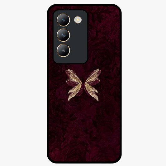 Crimson Fade Butterfly Glass Case showing flat back view with fading butterfly artwork and glossy glass finish.