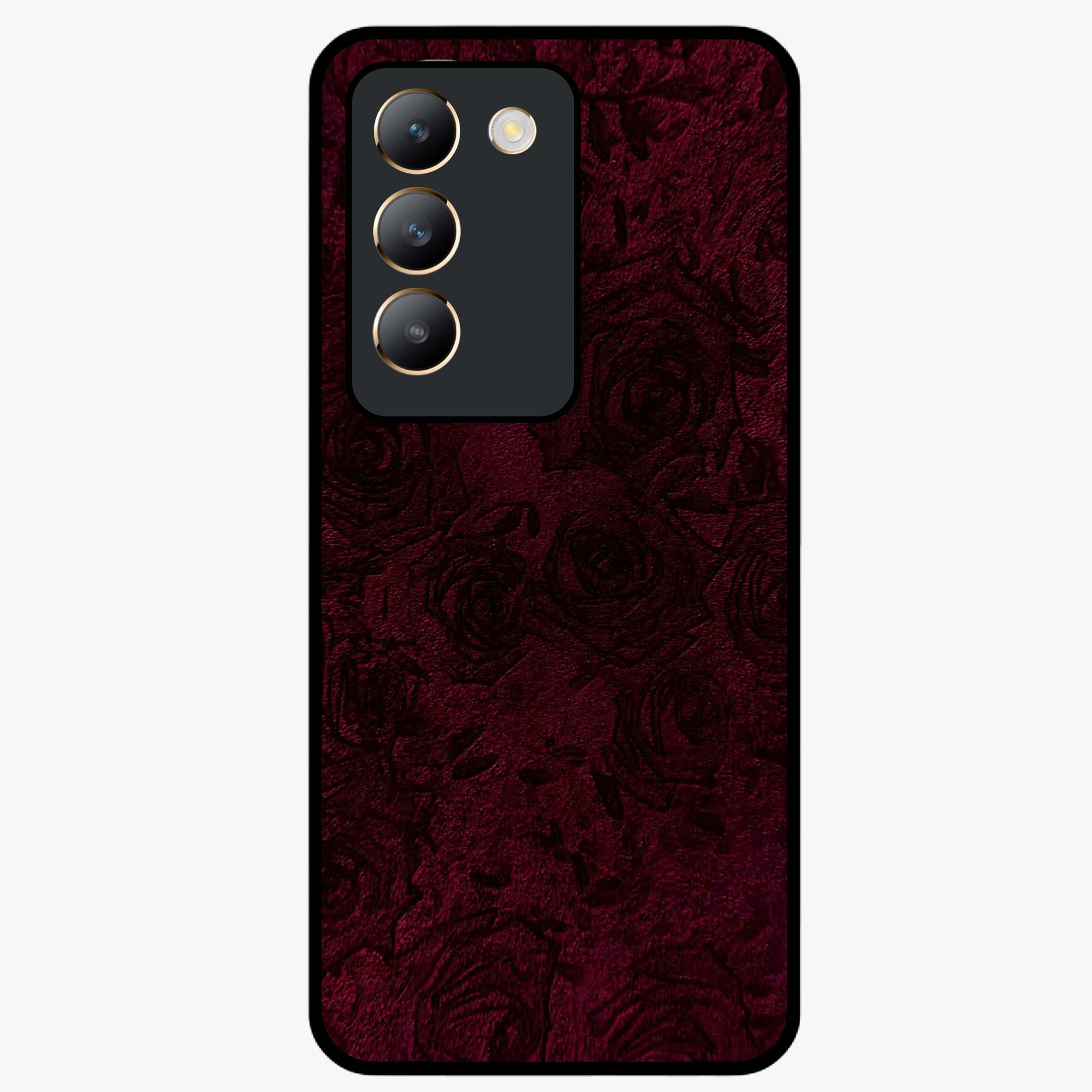 Crimson Fade Flow Glass Case showing flat back view with flowing crimson gradient artwork and glossy glass finish.