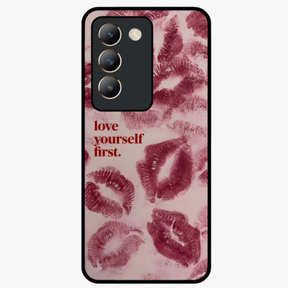 Crimson Kiss Love Glass Case showing flat back view with romantic crimson themed artwork and glossy glass finish.