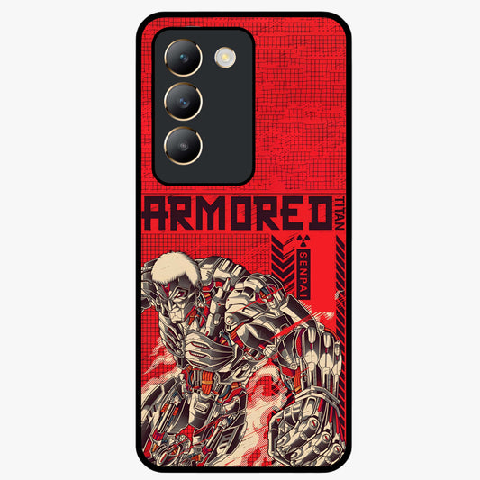 Crimson Mecha Titan Glass Case showing flat back view with powerful mech titan artwork and glossy glass finish.