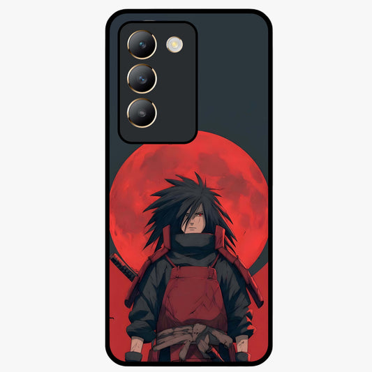 Crimson Moon Warlord Glass Case showing flat back view with mystical moon warrior artwork and glossy glass finish.