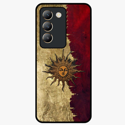 Crimson Sun Majesty Glass Case showing flat back view with radiant sun inspired artwork and glossy glass finish.