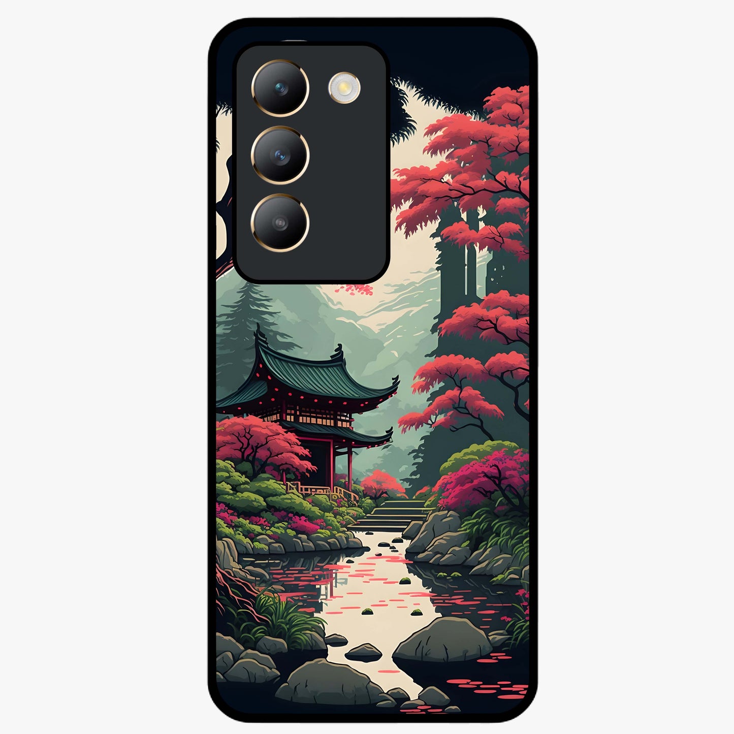 Crimson Temple View Glass Case showing flat back view with temple inspired artwork and glossy glass finish.
