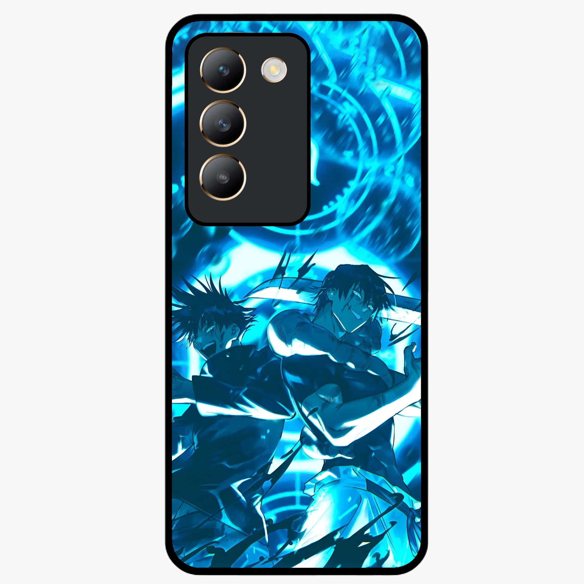 Cursed Energy Clash Glass Case showing flat back view with intense cursed energy artwork and glossy glass finish.