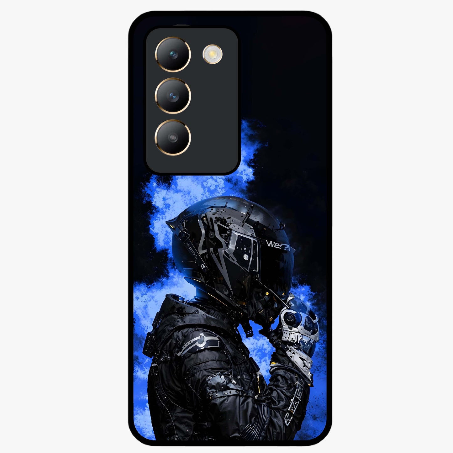 Cyber Sentinel Protocol Glass Case showing flat back view with futuristic cyber themed artwork and glossy glass finish.