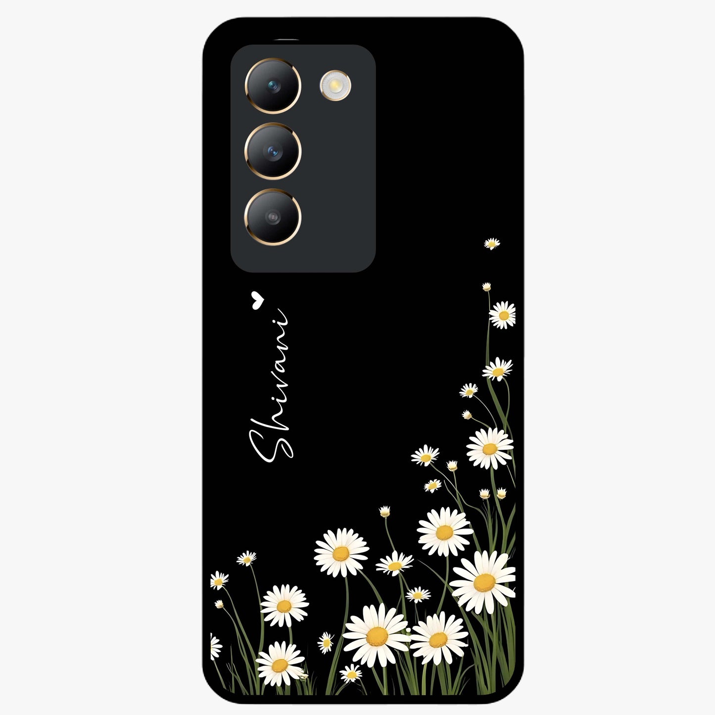 Daisy Cascade Custom Name Glass Case showing flat back view with cascading daisy flowers and personalized name design.