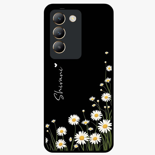Daisy Cascade Custom Name Glass Case showing flat back view with cascading daisy flowers and personalized name design.