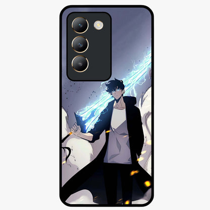 Dark Lightning Anime Warrior Glass Case showing flat back view with intense anime warrior artwork and glossy glass finish.