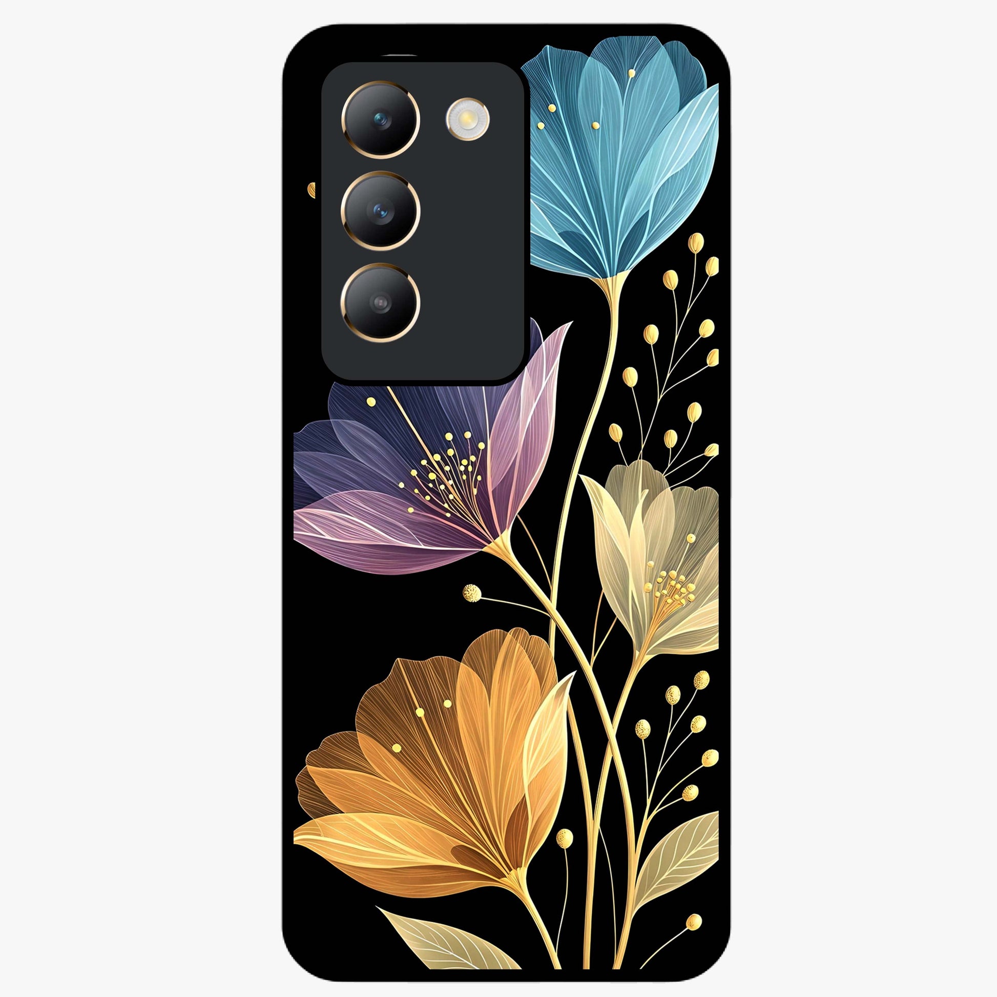 Delicate Multicolor Flowers Glass Case showing flat back view with vibrant floral artwork and glossy glass finish.