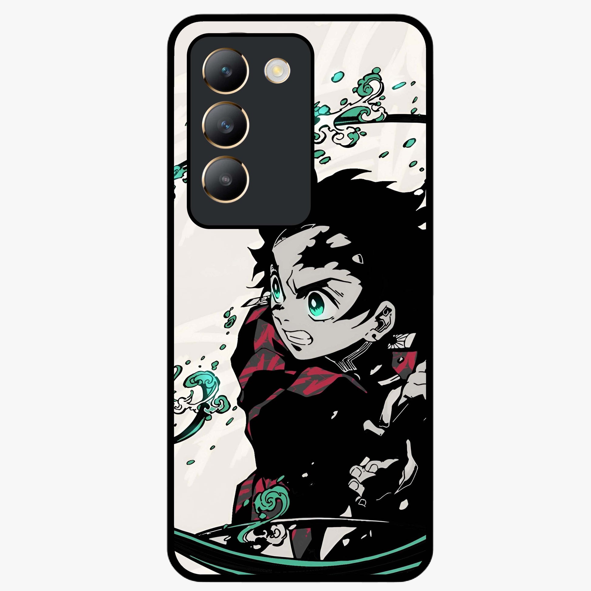 Demon Slayer Glass Case showing flat back view with bold anime inspired artwork and glossy glass finish.