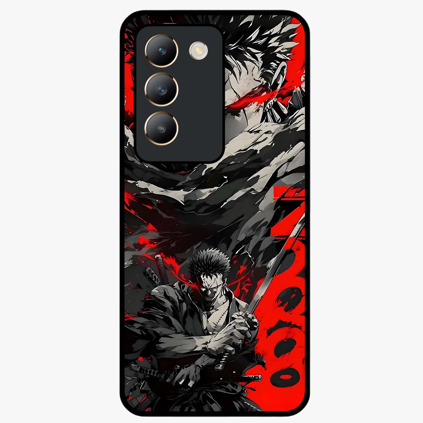 Demon Sword Resolve Glass Case showing flat back view with fierce sword warrior artwork and glossy glass finish.