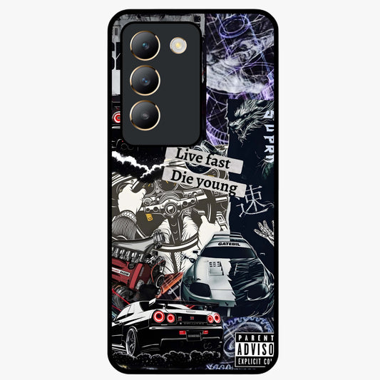 Die Young Glass Case showing flat back view with bold artistic typography design and glossy glass finish.