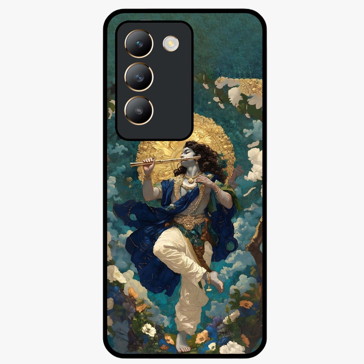 Divine Krishna Art Glass Case showing flat back view with Lord Krishna artwork and glossy glass finish.