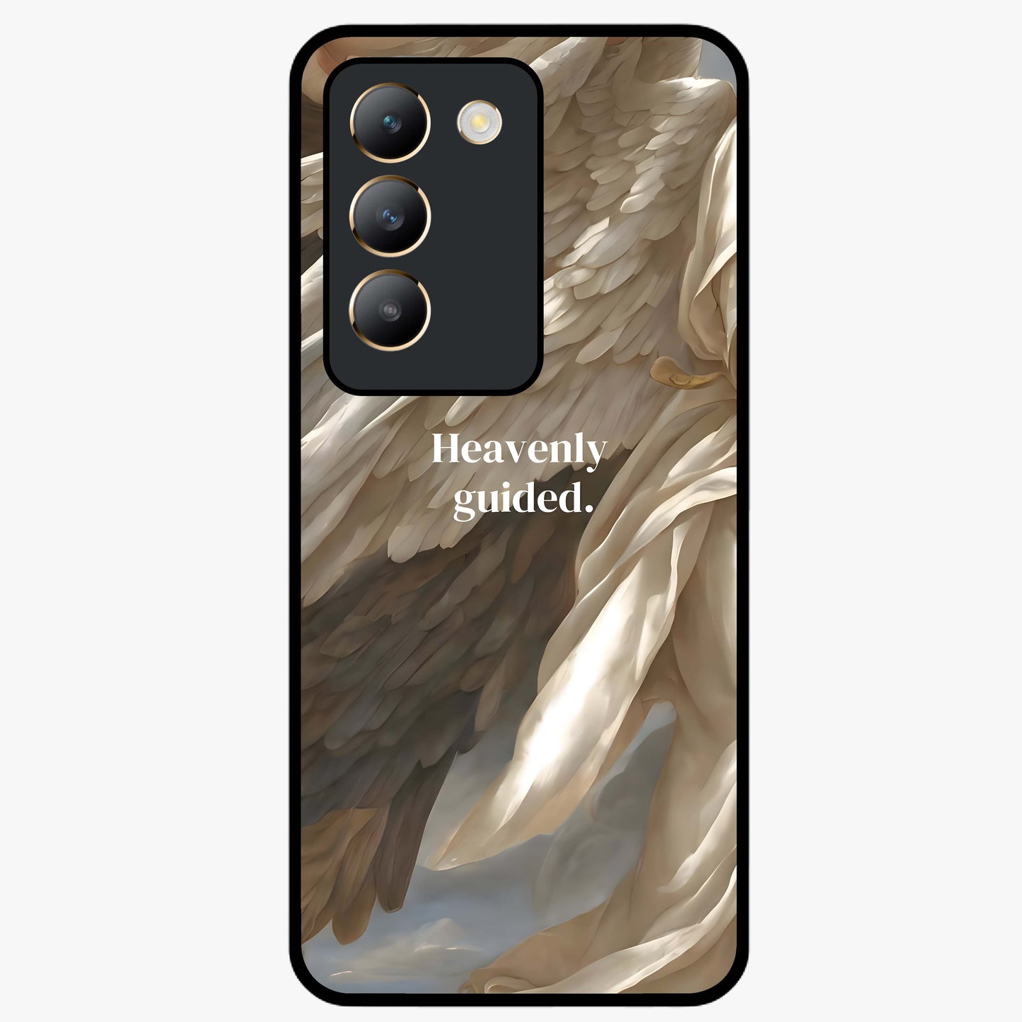 Divine Winged Grace Glass Case showing flat back view with elegant wing inspired artwork and glossy glass finish.