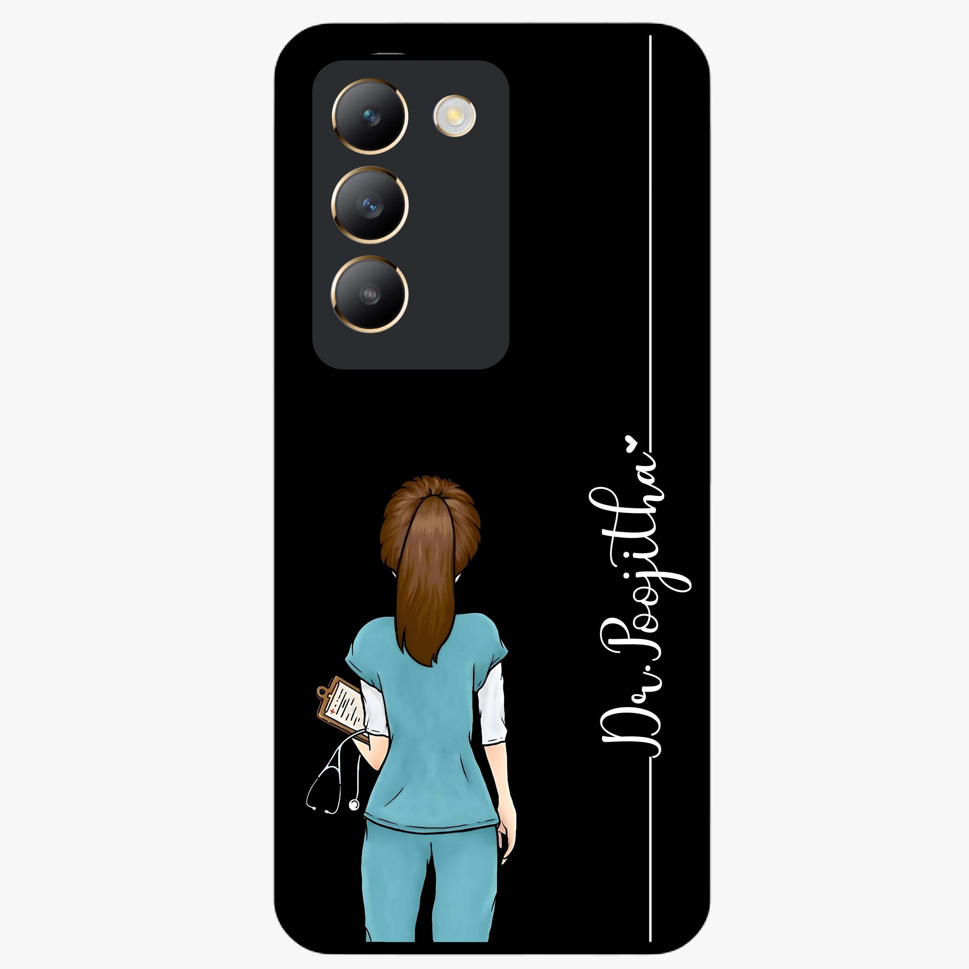 Doctor Pattern Custom Name Glass Case showing flat back view with medical themed pattern and personalized name design.