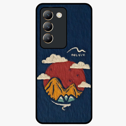 Dream Beyond Mountains Glass Case showing flat back view with scenic mountain landscape artwork and glossy glass finish.