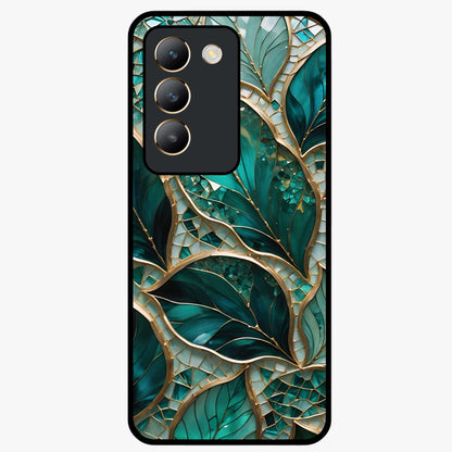 Emerald Leaf Glass Glass Case showing flat back view with emerald green leaf artwork and glossy glass finish.
