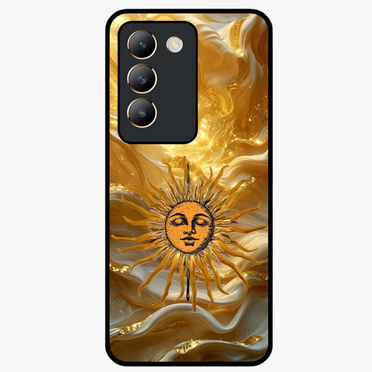 Eternal Golden Glow Glass Case showing flat back view with radiant golden themed artwork and glossy glass finish.