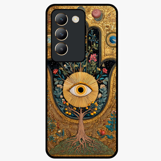 Ethereal Evil Eye Glass Case showing flat back view with mystical evil eye artwork and glossy glass finish.