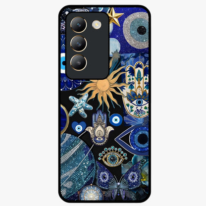 Evil Eye Charm Mix Glass Case showing flat back view with multiple evil eye charms artwork and glossy glass finish.