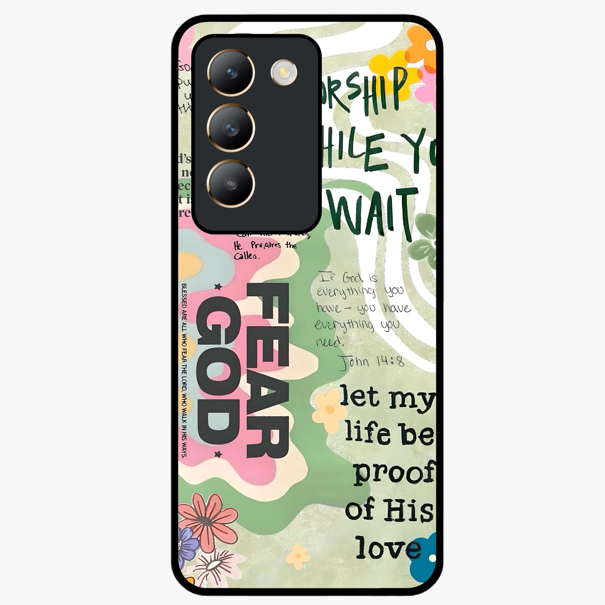 Faith Over Fear Glass Case showing flat back view with motivational typography artwork and glossy glass finish.
