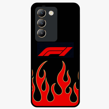 Fire F11 Glass Case showing flat back view with fiery themed artwork and glossy glass finish.