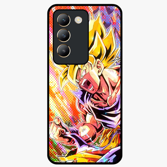 Firing Goku Glass Case showing flat back view with powerful anime inspired artwork and glossy glass finish.