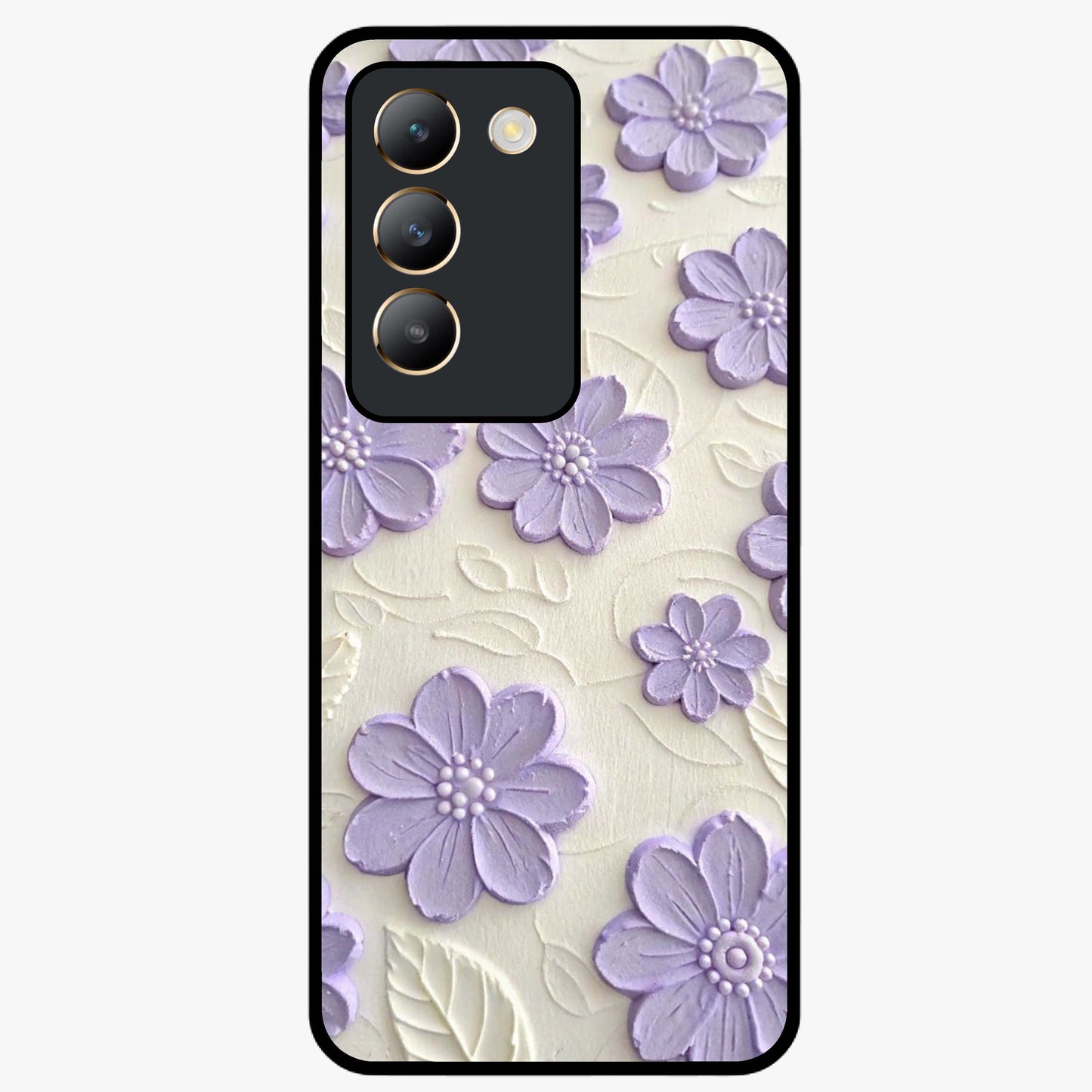 Floral Wall Art With Purple Flowers Glass Case showing flat back view with purple flower artwork and glossy glass finish.