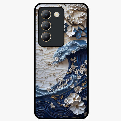 Floral Wave Origami Glass Case showing flat back view with origami inspired floral wave artwork and glossy glass finish.