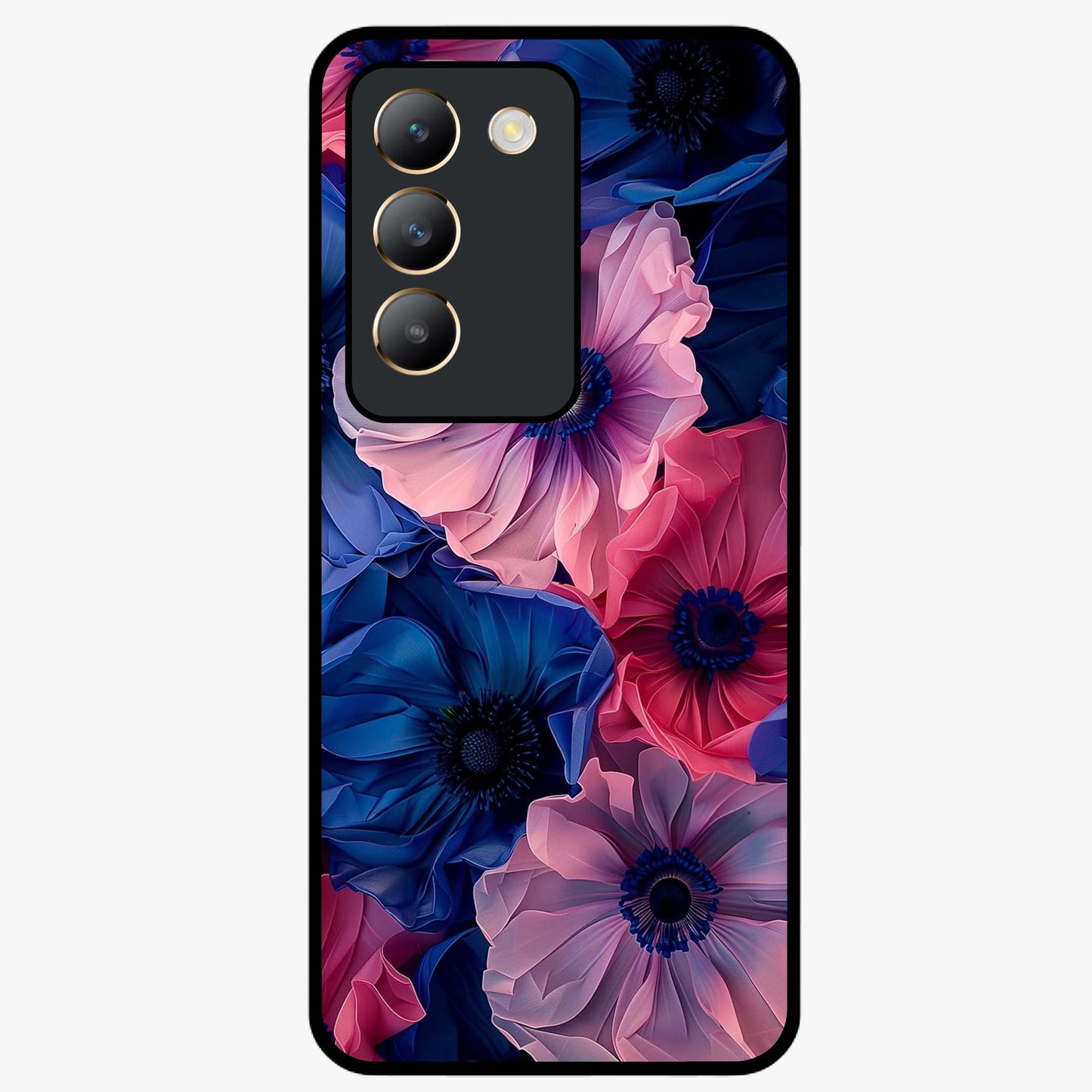 Flower Paper Art Pattern Glass Case showing flat back view with paper cut style floral artwork and glossy glass finish.