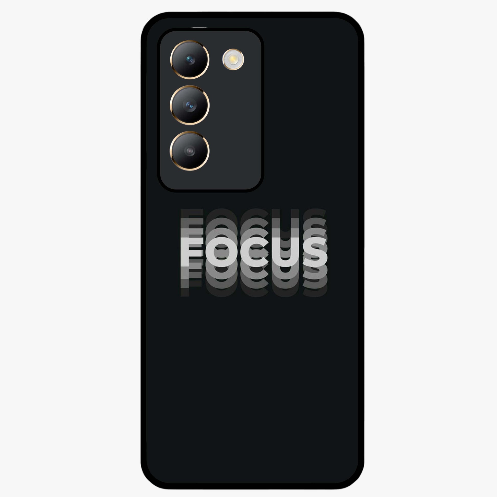 Focus Mode On Glass Case showing flat back view with bold motivational typography design and glossy glass finish.