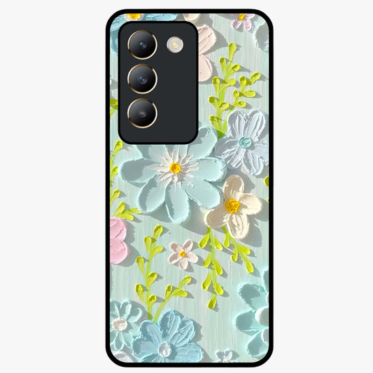 Frosted Petal Garden Glass Case showing flat back view with soft frosted floral artwork and glossy glass finish.