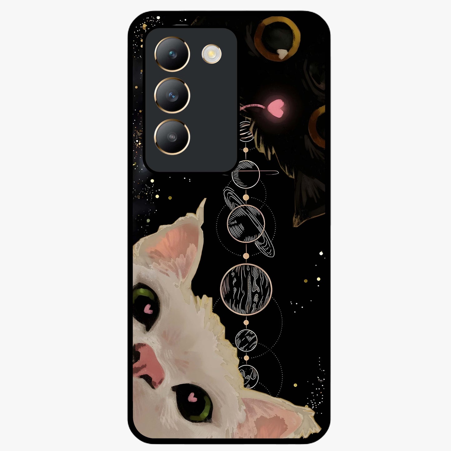 Galactic Cat Glass Case showing flat back view with cosmic cat artwork and glossy glass finish.