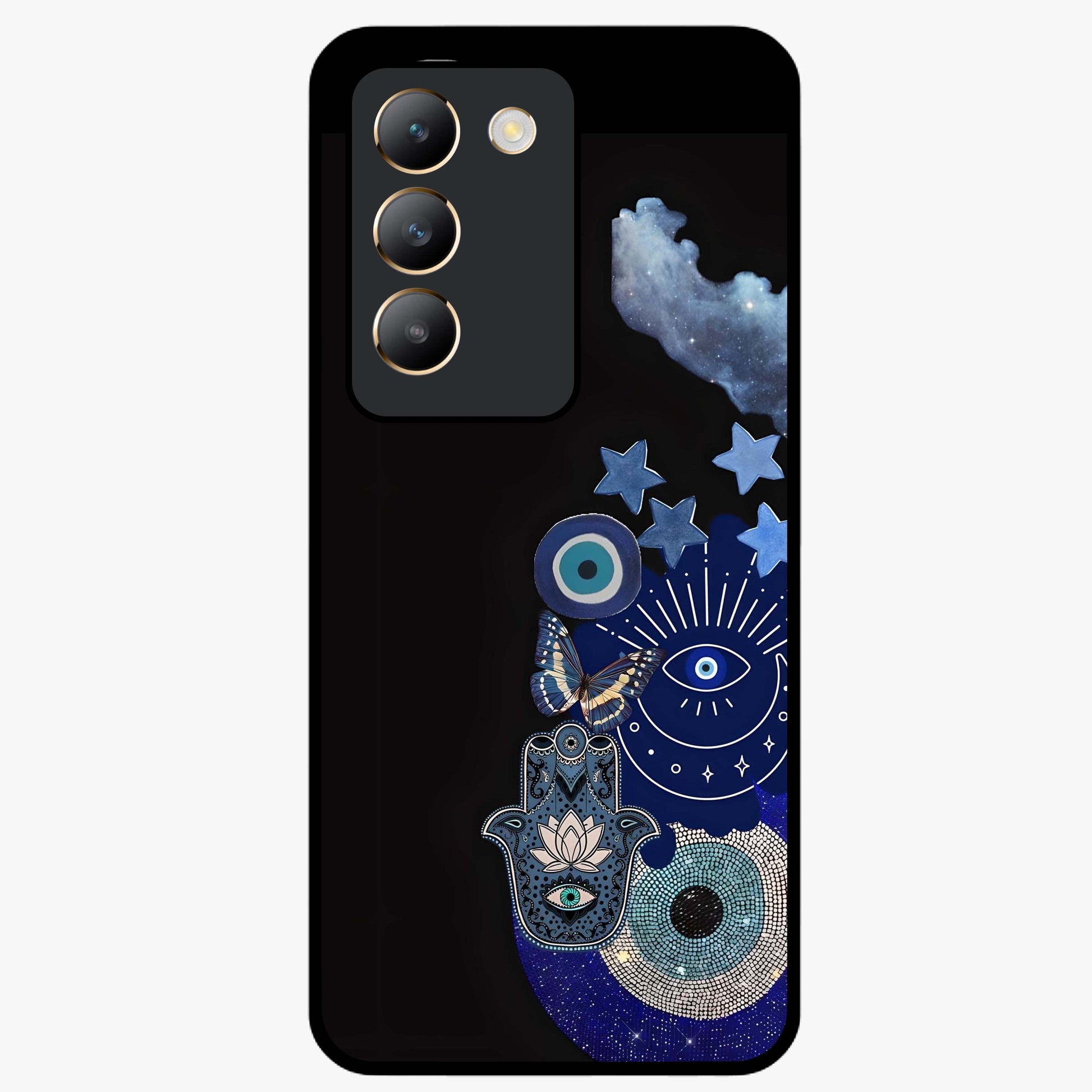 Galactic Charm Cluster Glass Case showing flat back view with glowing celestial charm artwork and glossy glass finish.