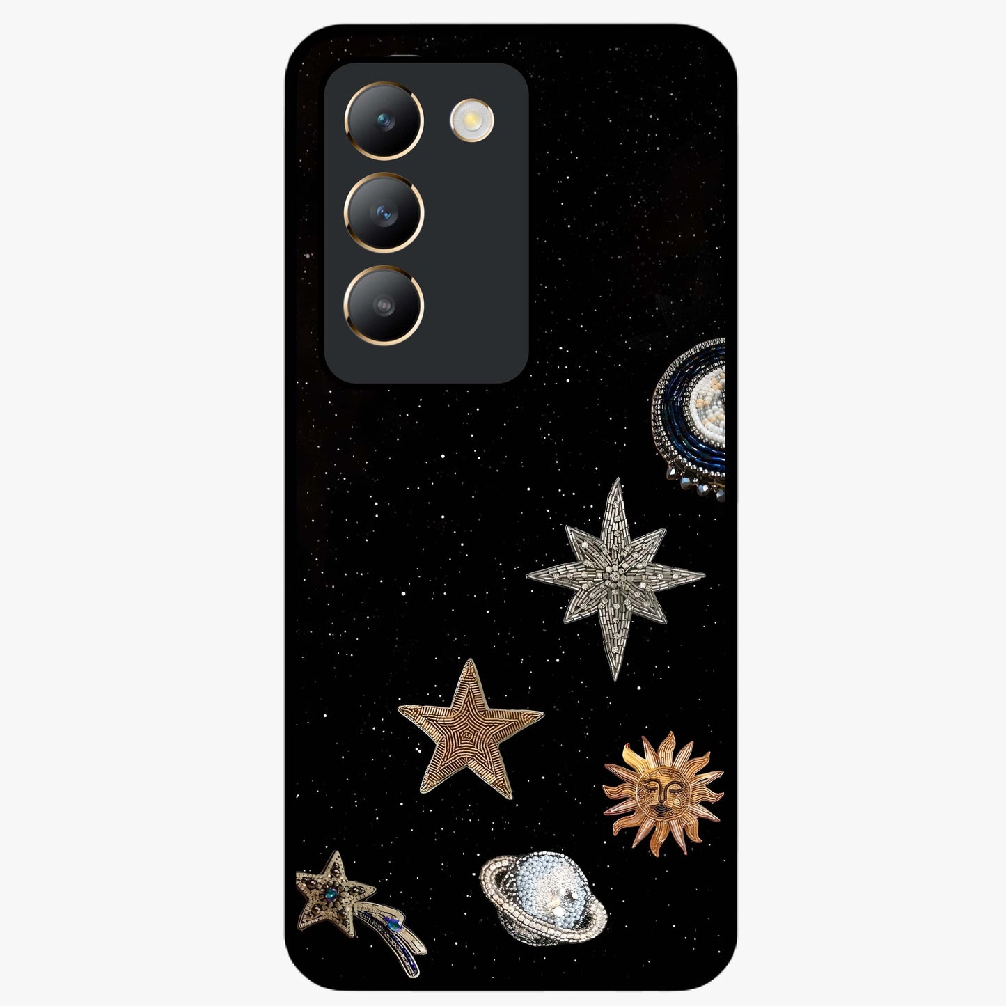 Galactic Charm Glow Glass Case showing flat back view with glowing celestial charm artwork and glossy glass finish.
