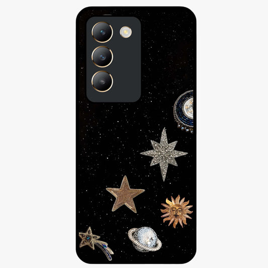 Galactic Charm Glow Glass Case showing flat back view with glowing celestial charm artwork and glossy glass finish.