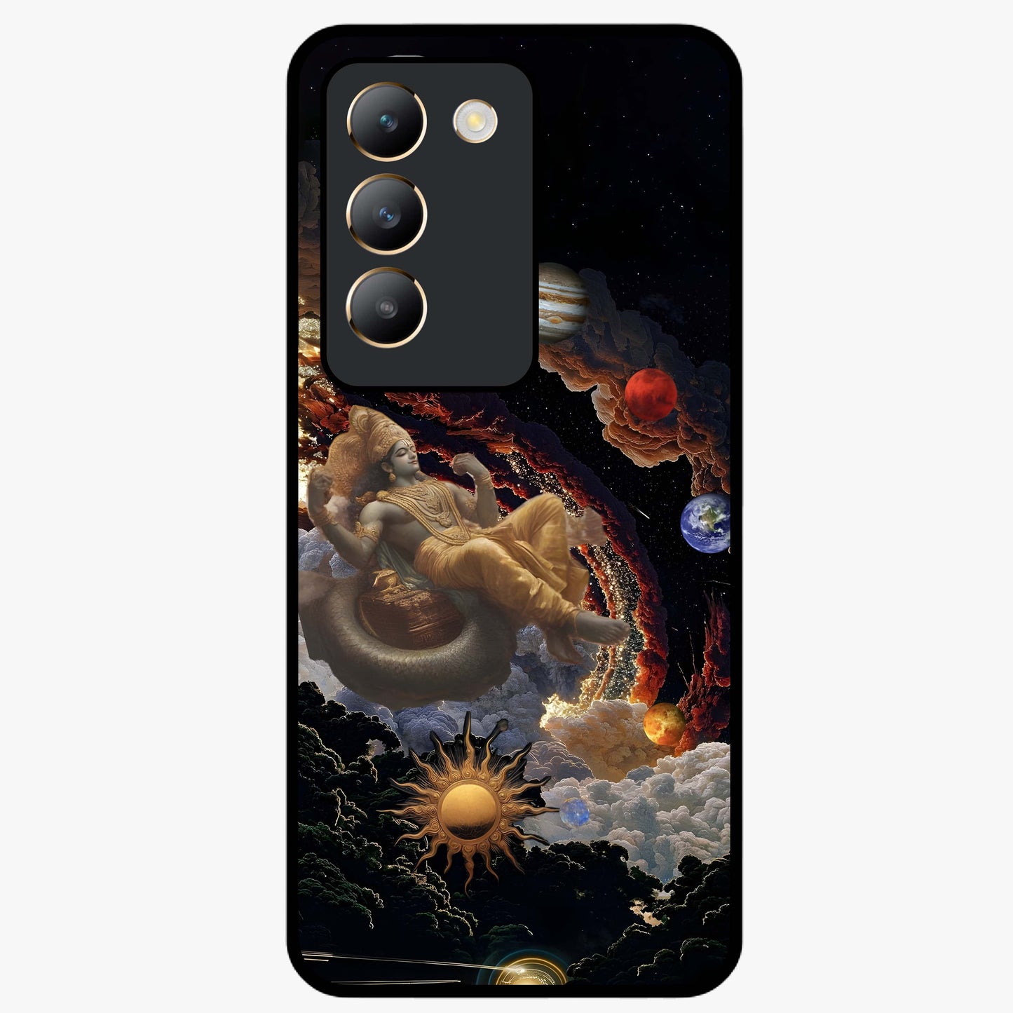 Galactic Divine God Glass Case showing flat back view with divine cosmic themed artwork and glossy glass finish.