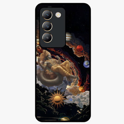 Galactic Divine God Glass Case showing flat back view with divine cosmic themed artwork and glossy glass finish.