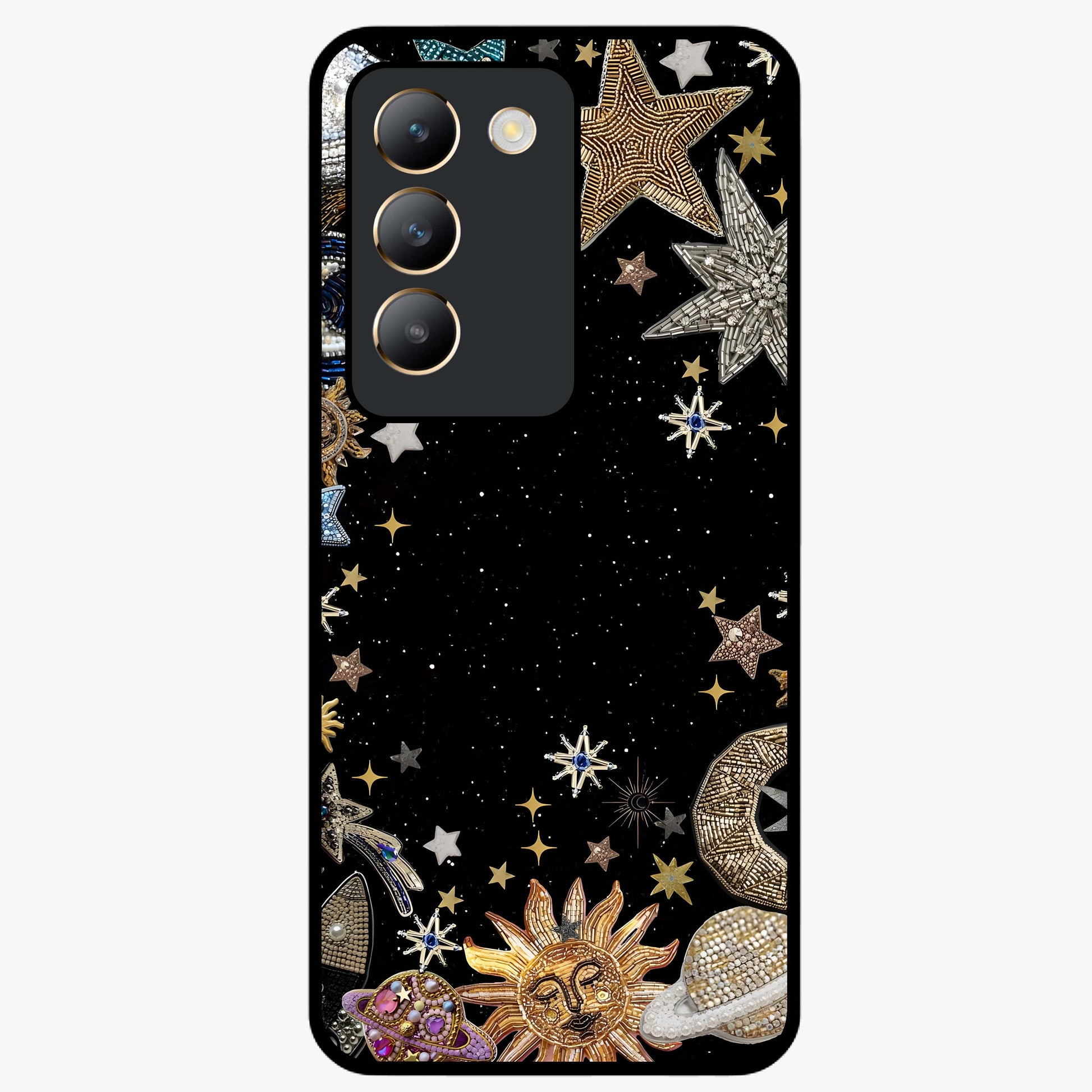 Galactic Jewel Stars Glass Case showing flat back view with sparkling star jewel artwork and glossy glass finish.