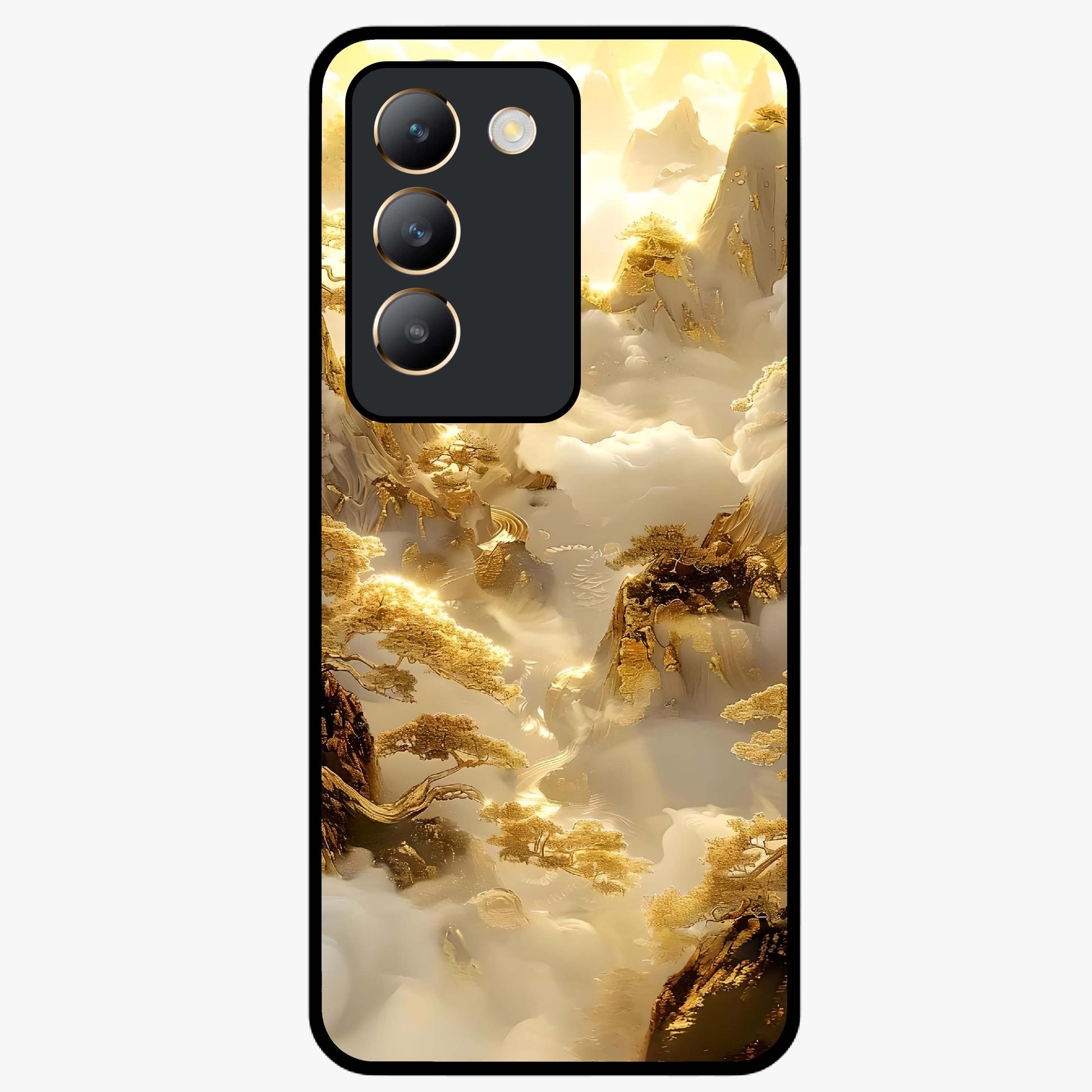 Gates Of Illumination Glass Case showing flat back view with mystical illuminated gate artwork and glossy glass finish.